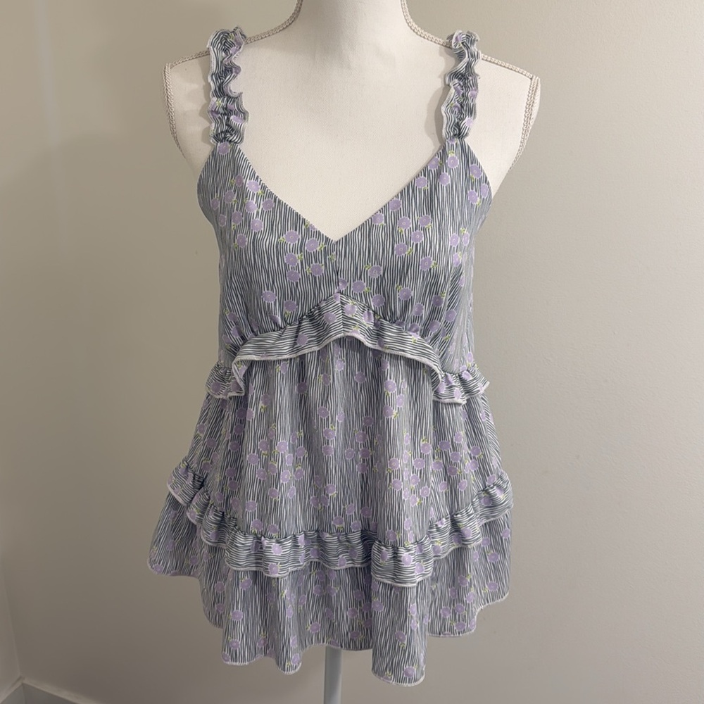 HAILEY & CO. Babydoll Ruffle Tiered Tank Top Black Purple Women’s Size Small